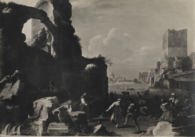 Brogi — Poelenburgh Cornelis van - sec. XVII - Paesaggio con rovine antiche e danzatori — insieme
